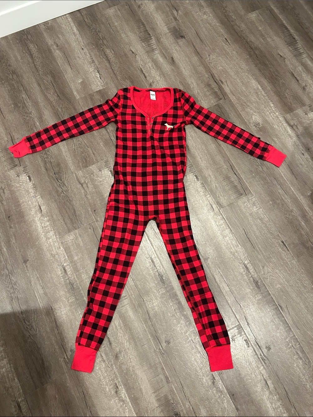 2012 PINK Victoria's Secret Red and Black Buffalo Plaid One-Piece Pajama